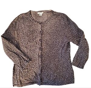 EUC Garnet Hill Merino Wool Leopard 3/4 Sleeve Cardigan Medium